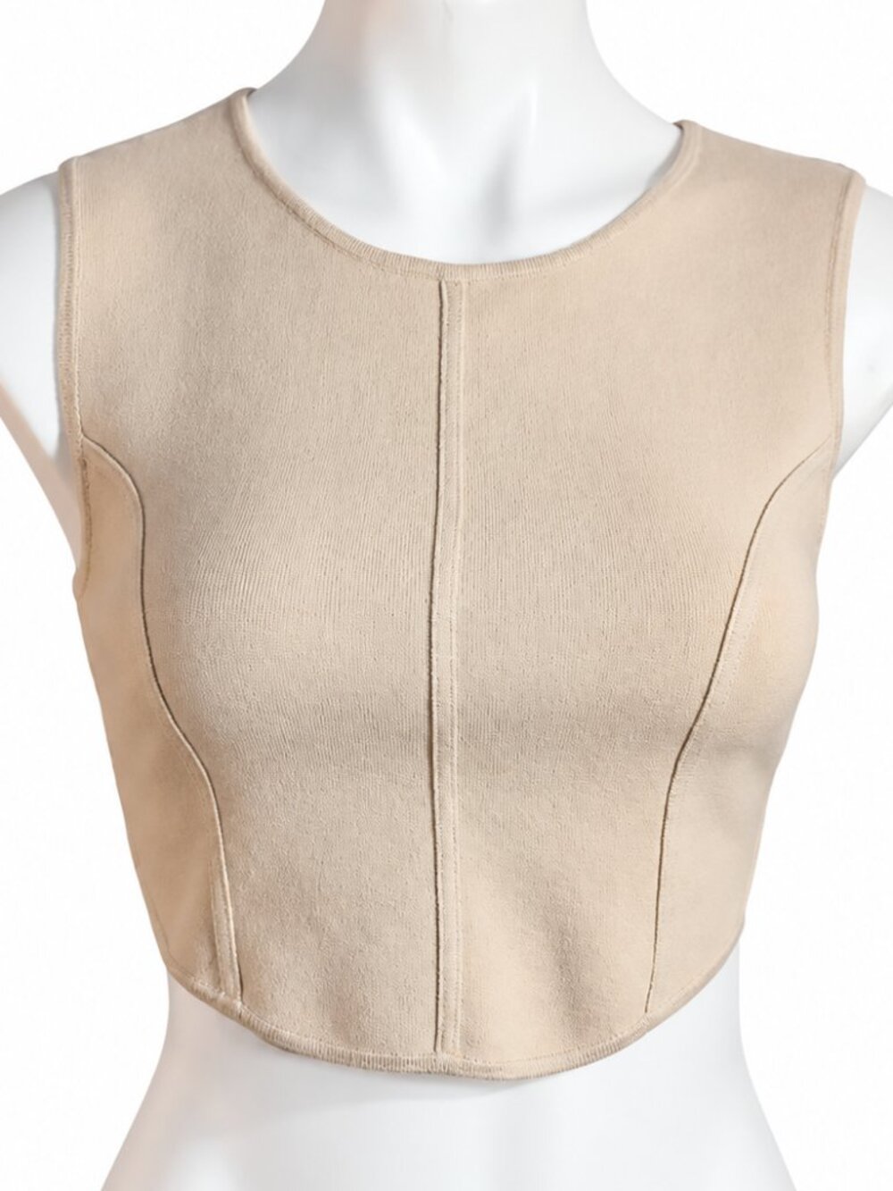 Small Womens Beige Sleeveless Corset Style Crop Top Contour Seams Contemporary